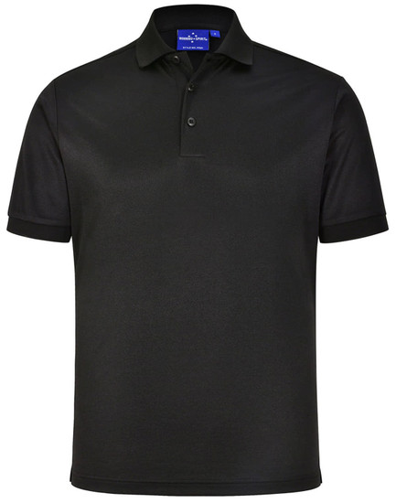 A black men's sustainable poly/cotton short sleeve polo shirt featuring a collar and a logo.