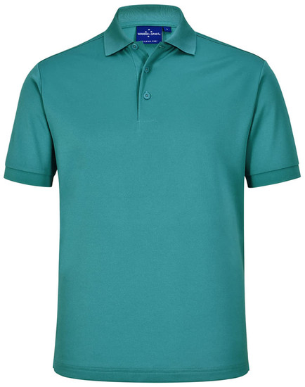 A teal men's sustainable poly/cotton short-sleeve polo shirt with a collar and buttons, featuring a brand logo.
