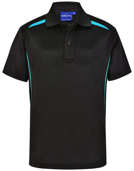 A black polo shirt featuring teal contrast panels and a collar. The shirt has a logo on the chest.