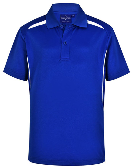 A blue kids' short-sleeve polo shirt with white contrast stripes and a logo on the chest.