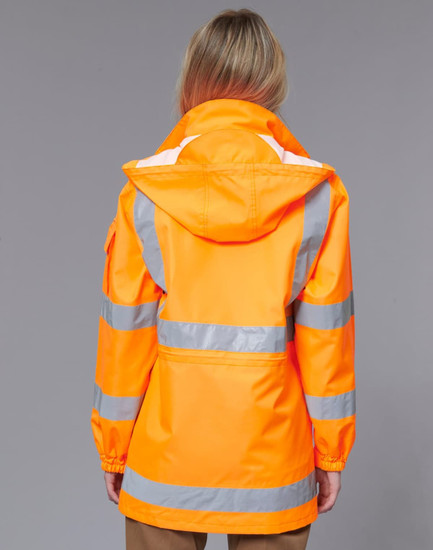 A high-visibility safety jacket in bright orange with reflective strips and a hood, featuring a logo.