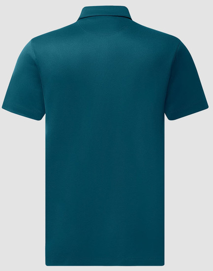 A teal sustainable jacquard knit short-sleeve polo shirt, featuring a collar and a branding logo.