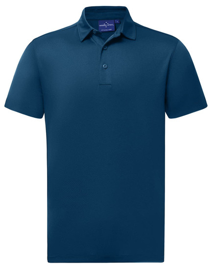 A navy blue sustainable jacquard knit short sleeve polo shirt with a collar and a logo.
