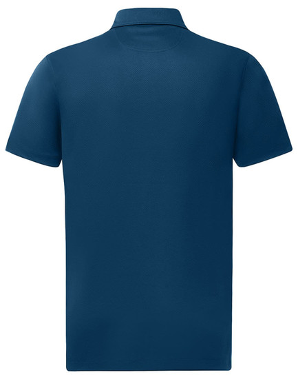 A navy blue men's sustainable jacquard knit short-sleeve polo with a collar and a logo on the chest.