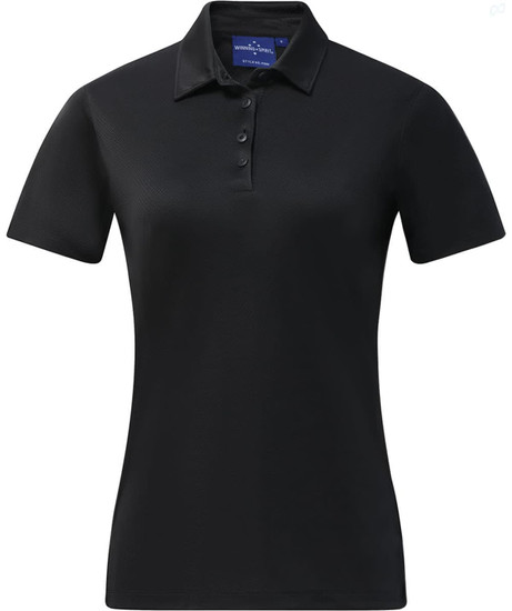 A black ladies' short-sleeve polo shirt with a collared neckline and a logo on the chest.