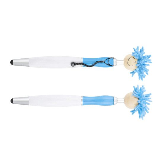 A Medical Mop Top Pen in blue and white, featuring a smiling character head with fluffy blue hair and a stylus tip.