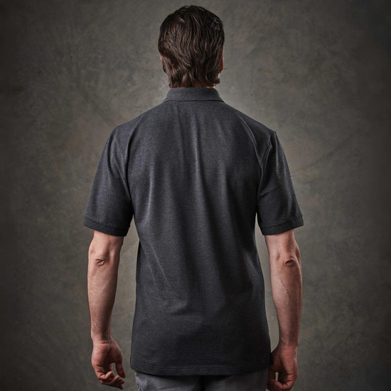 A men's polo shirt in dark grey with a collar and short sleeves. The back view showcases its sleek design.
