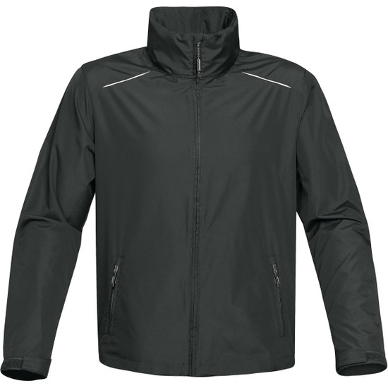 A dark green rain jacket featuring a zippered front, side pockets, and reflective detailing. It has a stand-up collar and a logo.