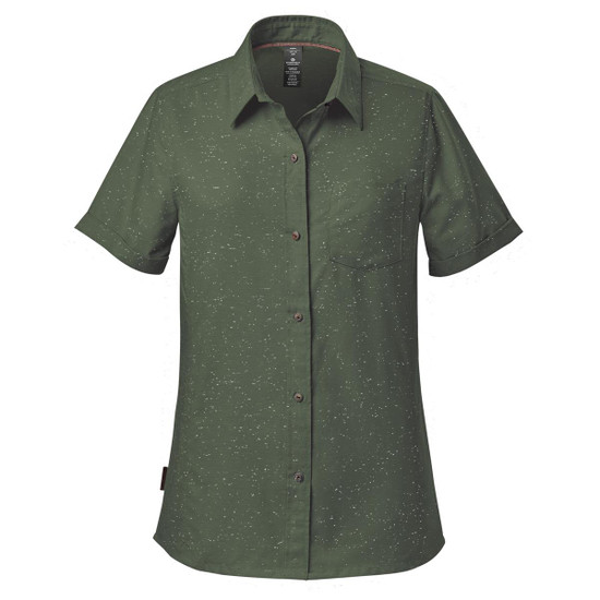 A green short-sleeved button-up shirt with a front pocket and a logo on the label.