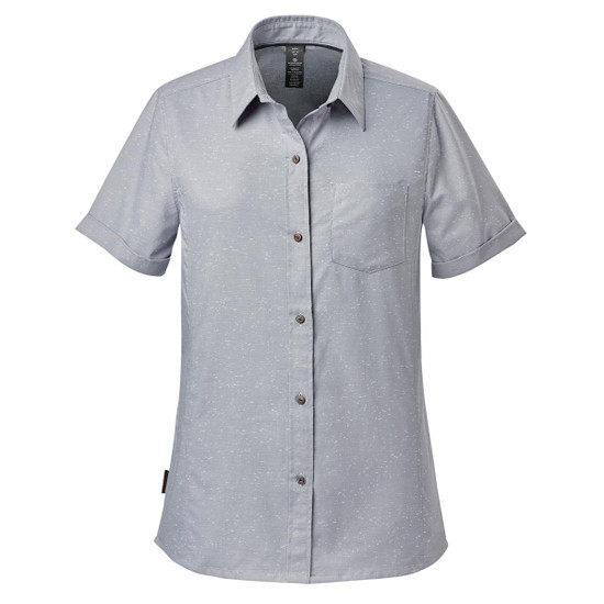 A light grey button-up shirt with short sleeves and a chest pocket, featuring a logo.