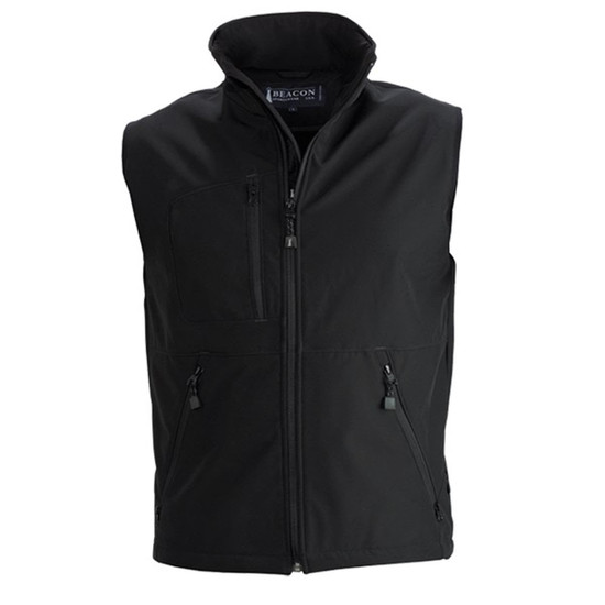 A black men's softshell vest featuring a high collar and multiple zippered pockets. It has a branding logo.