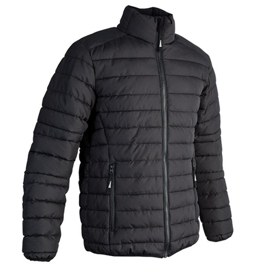 A black unisex puffer jacket with a zip-up front and side pockets, featuring a logo on the chest.