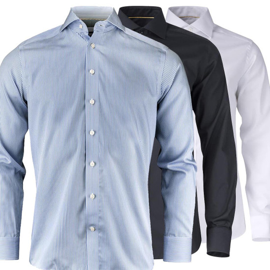 A collection of men's button-up shirts in blue striped, dark blue, and white with a logo present on one shirt.