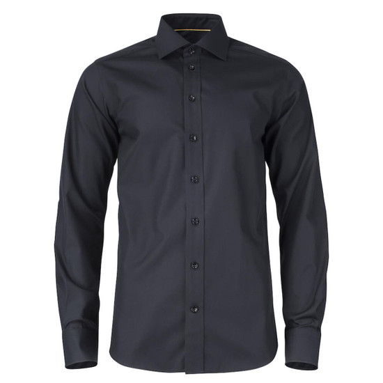 A black button-up shirt with long sleeves and a branded logo on the chest.