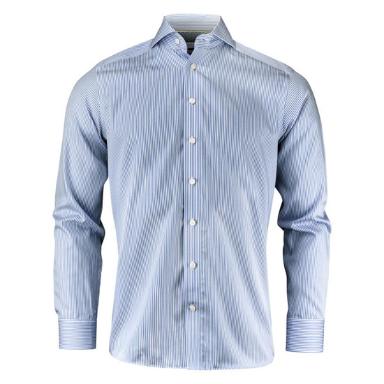 A striped blue button-up shirt with a collar and long sleeves, featuring a logo.