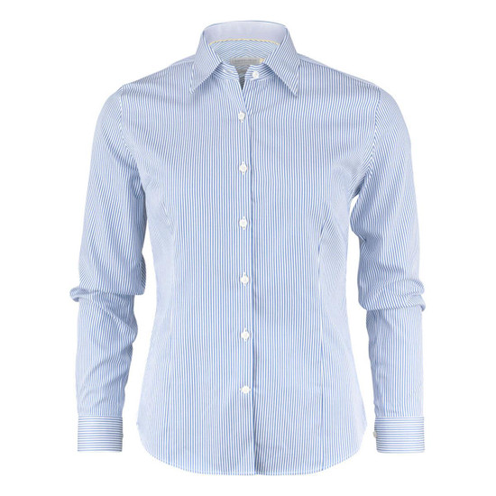 A button-up women's shirt featuring light blue and white stripes, with long sleeves and a collared neckline.
