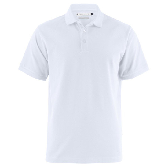 A white polo shirt with a classic collar and button placket, featuring a logo on the chest.