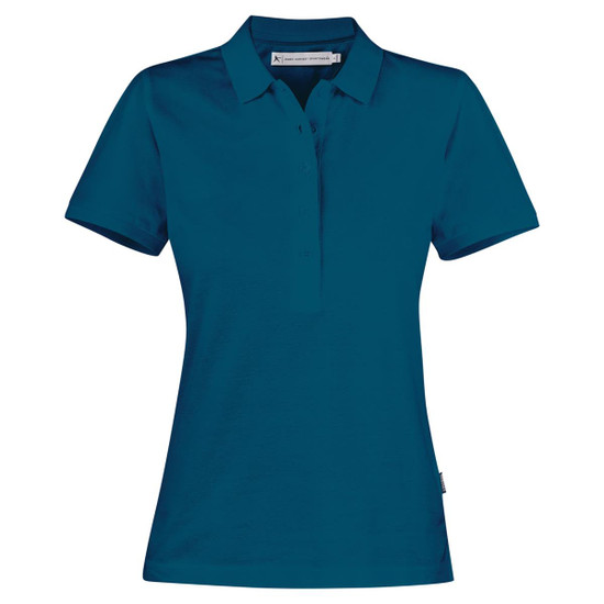 A teal women's cotton polo shirt with a classic collar and a fitted design, featuring a logo.