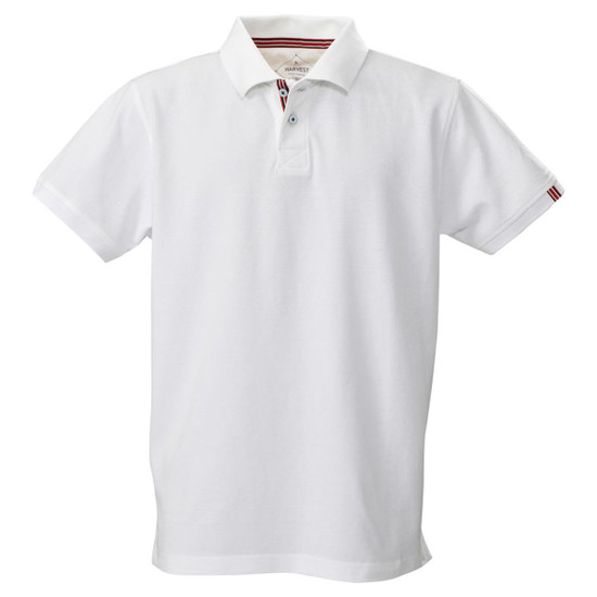 A white men's polo shirt with a collar and striped detail on the sleeves, featuring a logo.