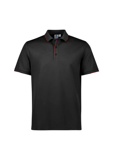 A black short sleeve polo shirt with red trim and a logo on the chest.