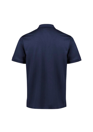 A navy blue men's short sleeve polo shirt with a smooth fabric finish and a branded logo.