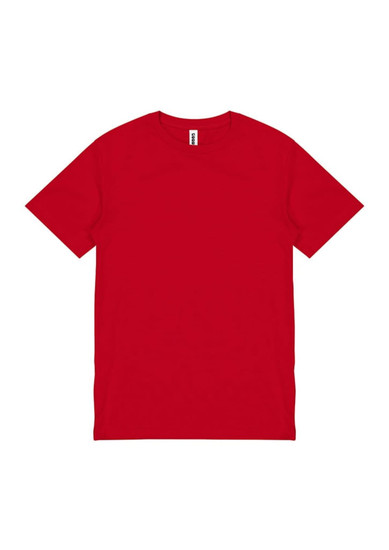 A red short sleeve tee with a label inside and no visible graphics or branding.