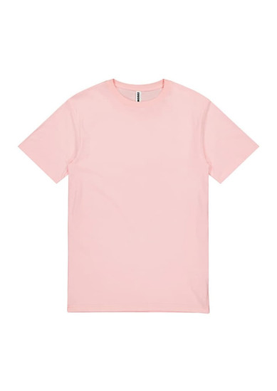 A pink short sleeve T-shirt featuring a crew neckline and a logo on the label.