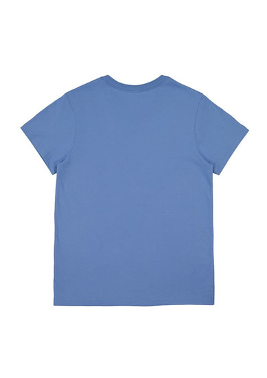 A blue women's short sleeve tee featuring a plain design and a logo on the back.