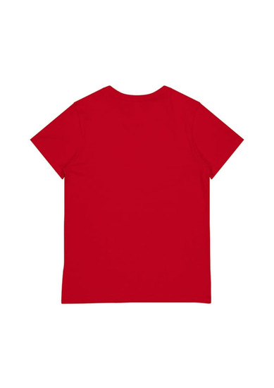 A red women’s short sleeve tee featuring a plain back design. Includes a logo on the label.