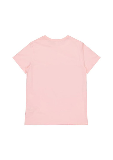 A light pink women's short sleeve tee, featuring a simple design and a branded logo on the back.