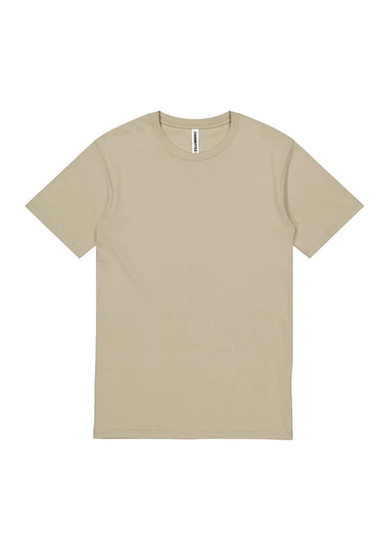 A short sleeve men's t-shirt in a beige colour, featuring a simple design and a branding label.