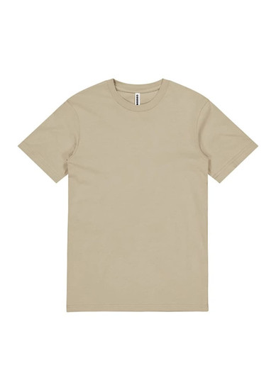 A beige short sleeve t-shirt with a simple design and a label in the neck area.