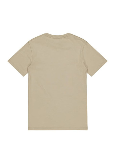 A beige short sleeve tee with a plain back, featuring a logo on the neckline.
