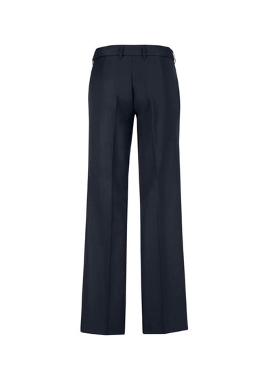 A pair of navy women's adjustable waist pants with a straight leg cut, featuring a back view.