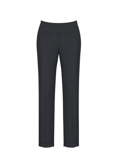 Women's slim leg pants in dark grey with a bandless design, featuring front pockets and a smooth finish. Brand logo present.