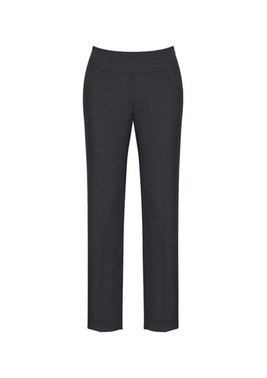 A pair of black slim-leg pants with a bandless design and a front pocket. Features a logo on the waistband.