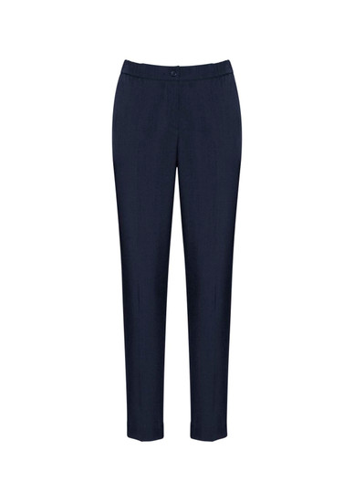 Navy blue women's slacks with a slim fit and ultra comfort waistband, featuring a logo.