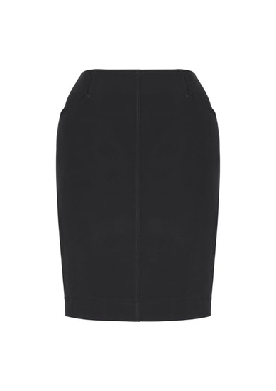 A black bandless pencil skirt with two pockets and a fitted style. It features a simple, sleek design.