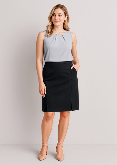A model wearing a grey top and a black straight skirt with front pleat details, featuring pockets.
