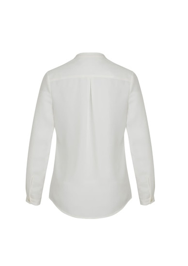 A white long sleeve blouse with a button-up design and a back pleat, featuring a subtle branding logo.