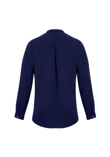 A navy blue women's long sleeve blouse with a button-up design and a back pleat.