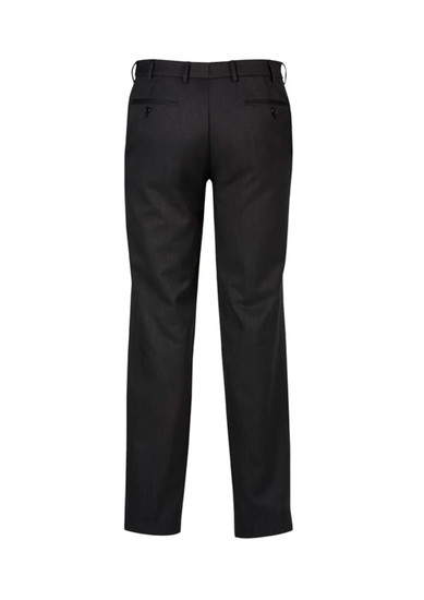 A pair of black flat front men's slacks featuring a sleek design and back pockets.