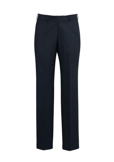 A pair of navy flat front pants for men, featuring a classic design and a waistband with a logo.