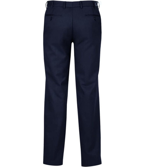 Navy adjustable waist pants with a straight cut and two back pockets, featuring a logo. Ideal for casual or formal wear.