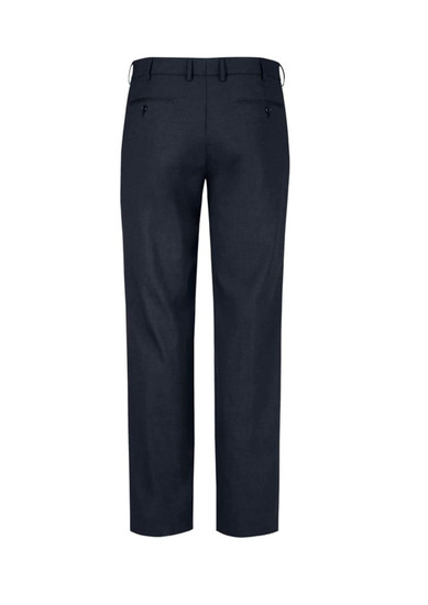 A pair of dark grey men's flat front slacks with a smooth finish and two rear pockets. Features a logo on the waistband.
