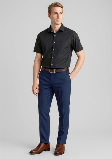 Men's comfort wool stretch slimline pant in navy blue, paired with a black shirt and brown belt. Features a logo.