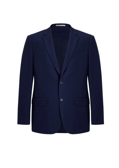 A navy blue men's blazer with a two-button front and pockets, featuring a modern tailored fit.