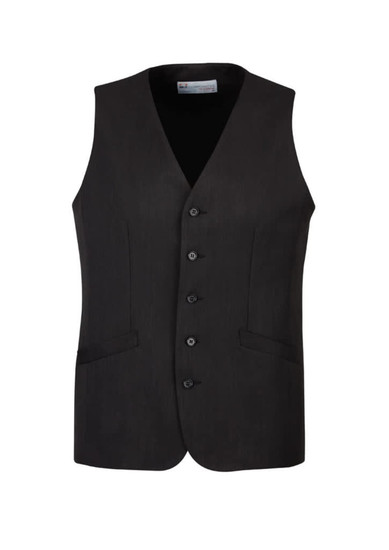 A black longline vest featuring a button front and side pockets, designed for men. It has a simple, sleek look.