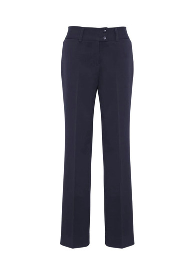 A pair of navy slacks with a straight leg design and two front buttons, featuring a logo on the waistband.