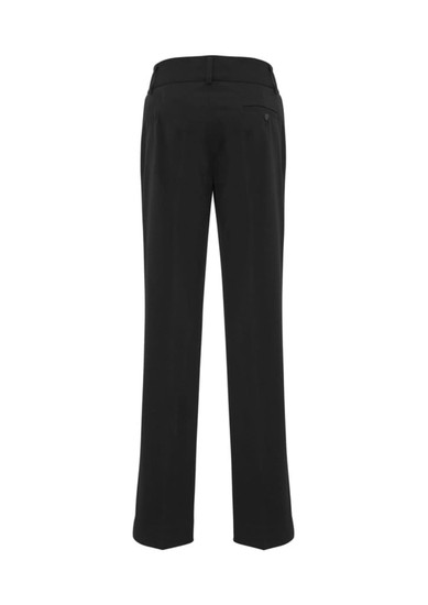 Black women's slacks with a straight-leg design, featuring a back pocket and a waistband. Includes a logo.